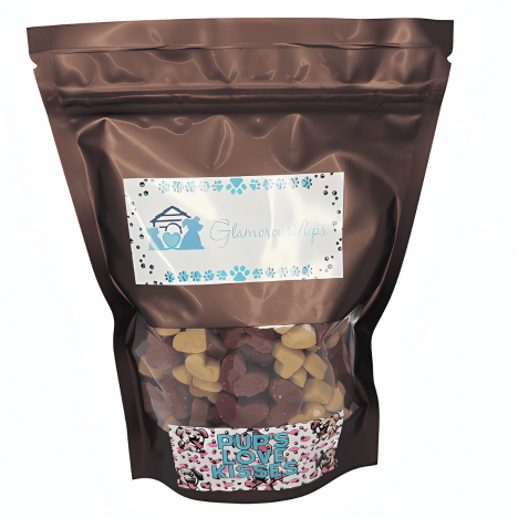 Stylish 1lb resealable bag of Pup's Love Kisses Dog Treats by Glamorous Pups, showcasing colorful heart-shaped treats visible through a clear window, adorned with a lively pink and black label, perfect for dog owners seeking premium, delicious snacks for their pets.