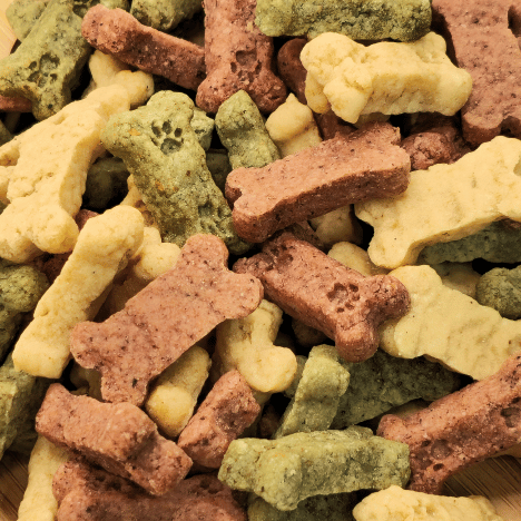 Close-up view of Frostbite Fruity Snacks Dog Treats by Glamorous Pups, showcasing the variety of colors and shapes, including green, yellow, and red bone-shaped treats. These treats are ideal for pet owners seeking healthy, tasty, and visually appealing options for their dogs.