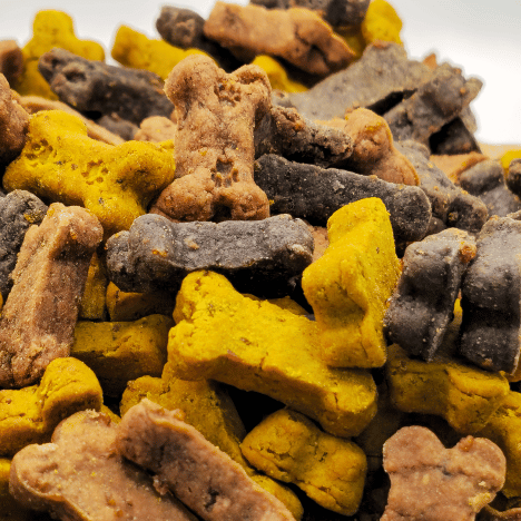 Close-up of Feast of Beasts Pup-Pleaser Dog Treats by Glamorous Pups, featuring a colorful assortment of bone-shaped treats. The treats come in vivid yellow, deep gray, and rich brown, formulated with natural ingredients like beef, turkey, and chicken, designed to satisfy and nourish your dog.