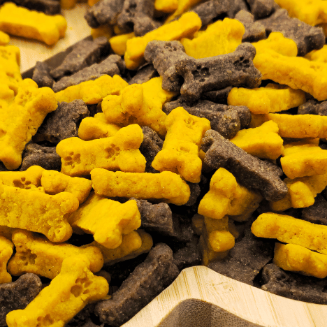 Zoomed-in view showcasing the unique texture of Bacon-Egg Pawfection Dog Treats by Glamorous Pups. These bone-shaped treats feature vibrant yellow and rich brown colors, highlighting the delicious bacon and egg flavors, perfect for providing your dog with nutritious and flavorful snacks.