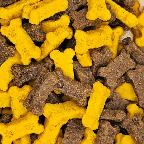 Close-up of Bacon-Egg Pawfection Dog Treats by Glamorous Pups. These bone-shaped treats are a mix of vibrant yellow and rich brown, showcasing their delicious bacon and egg flavors, ideal for dogs who love tasty and nutritious snacks.