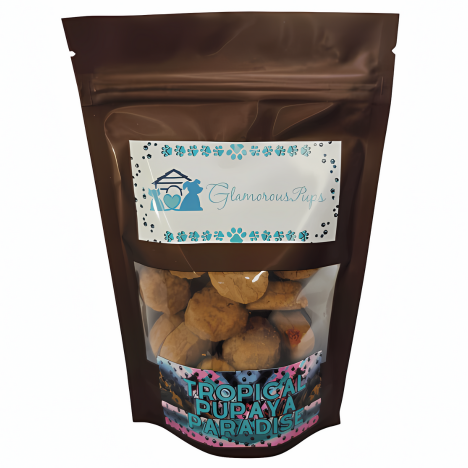 8oz package of Tropical Pupaya Paradise Dog Treats by Glamorous Pups, designed with a clear viewing panel that showcases premium, tropical-flavored dog treats. The bag features an elegant label with a tropical-themed design, emphasizing the exclusive and nutritious treat choice for dog owners seeking unique, healthy options for their pets.