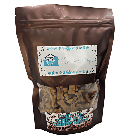 Image of a 1lb bag of Choco-Chip Pup Crunchers Dog Treats by Glamorous Pups, showcasing the distinct packaging with a transparent window revealing the carob chip dog treats inside, perfect for pet owners seeking premium, nutritious snacks for their dogs.