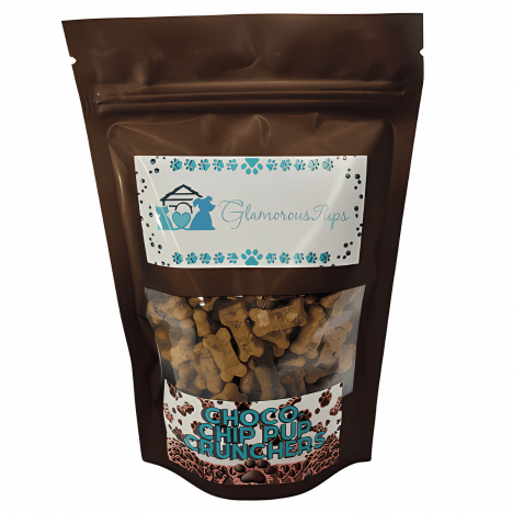 Image of an 8oz bag of Choco-Chip Pup Crunchers Dog Treats by Glamorous Pups, featuring the sleek packaging with a transparent section displaying the crunchy carob chip dog treats, ideal for dog owners looking to treat their pets with high-quality, delicious snacks.