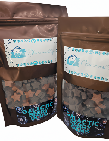 Galactic Berry Gems Dog Treats by Glamorous Pups: Entice your pooch with these star-shaped treats, infused with a delightful berry flavor, perfect for cosmic canine adventures.