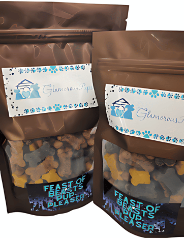 Showcase of Feast of Beasts Pup-Pleaser Dog Treats by Glamorous Pups, featuring an 8oz and a 1lb bag. Both bags display Glamorous Pups’ elegant blue and white branding, with transparent sections revealing the assorted, bone-shaped treats. Perfect for pet owners looking for premium, health-conscious snacks for their dogs.