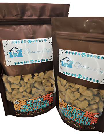 Packaged in attractive, resealable bags, these Leafy Garden MozzaMix Dog Treats by Glamorous Pups feature a nutritious blend of garden-inspired ingredients and mozzarella flavor, designed to cater to the tastes and health of dogs, available exclusively from Glamorous Pups.