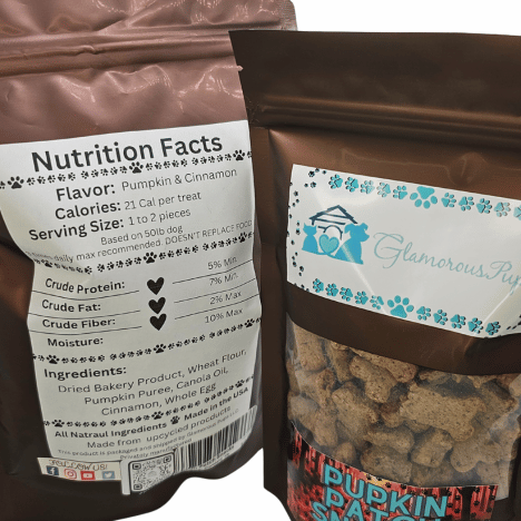 Close-up view of the nutrition facts and packaging for Pupkin Patch Snacks Dog Treats by Glamorous Pups. The label features pumpkin and cinnamon flavors with key details such as calories, serving size, and ingredients, all set against a branded Glamorous Pups logo and design.