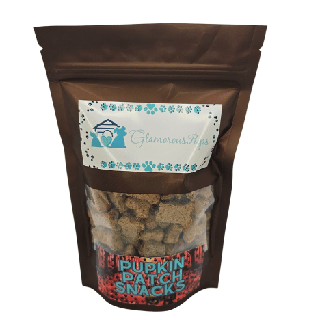 8oz bag of Pupkin Patch Snacks Dog Treats by Glamorous Pups, presented in a high-quality resealable pouch that showcases the nutritious, all-natural pumpkin-flavored treats, specially formulated for dogs, proudly made in the USA.