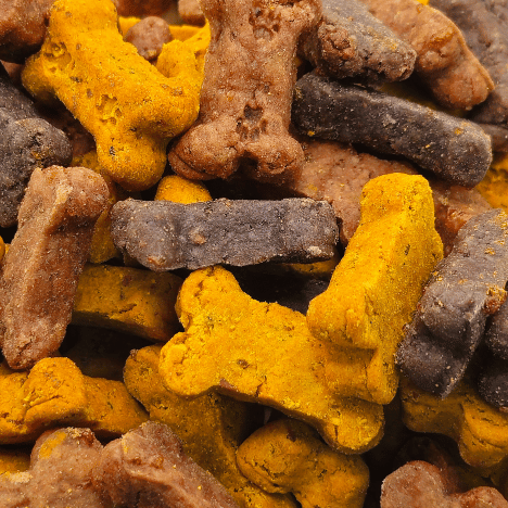 Macro shot of Feast of Beasts Pup-Pleaser Dog Treats by Glamorous Pups showcasing the textured and vibrant yellow, brown, and gray bone-shaped treats, perfect for dog owners seeking nutritious, high-quality treats made with natural ingredients like beef, turkey, and chicken.