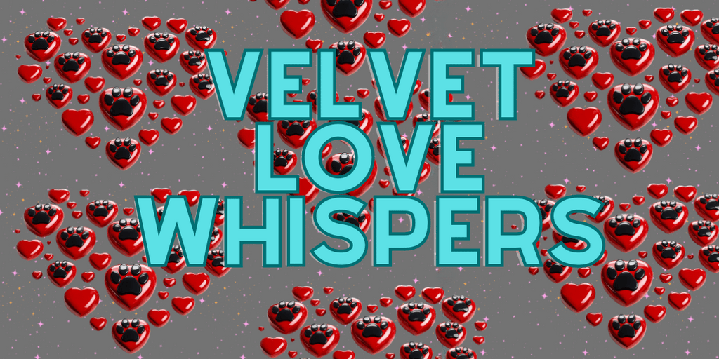 Promotional graphic for Velvet Love Whispers Dog Treats by Glamorous Pups, featuring a captivating array of red hearts with paw prints, set against a starry night background, highlighting the unique charm of these specially crafted treats.