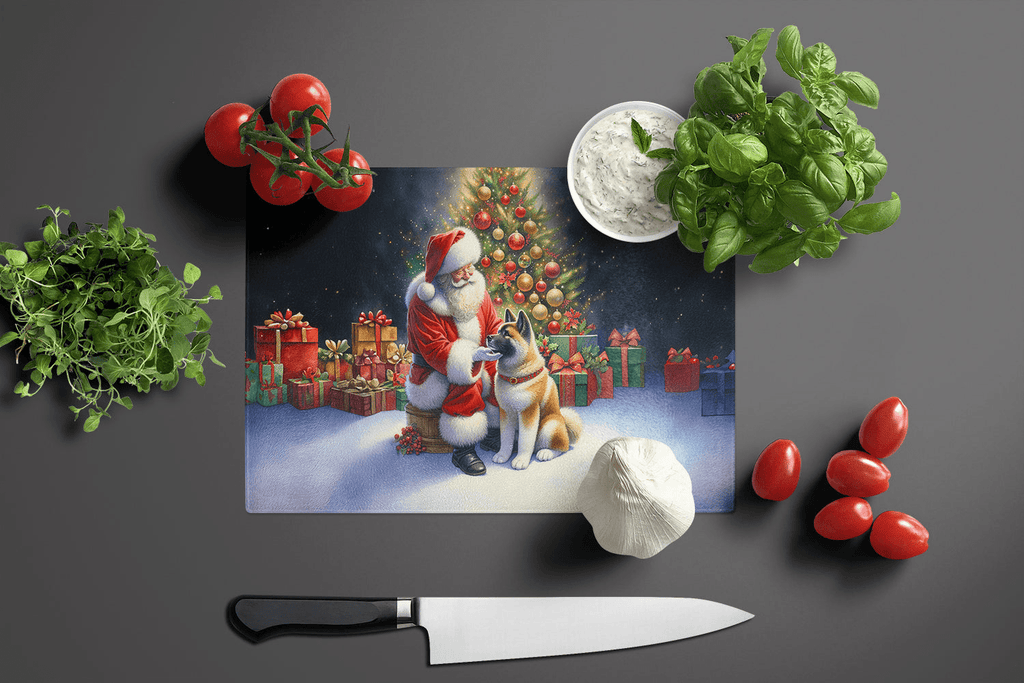 Glamorous Pups : Akita and Santa Claus Glass Cutting Board