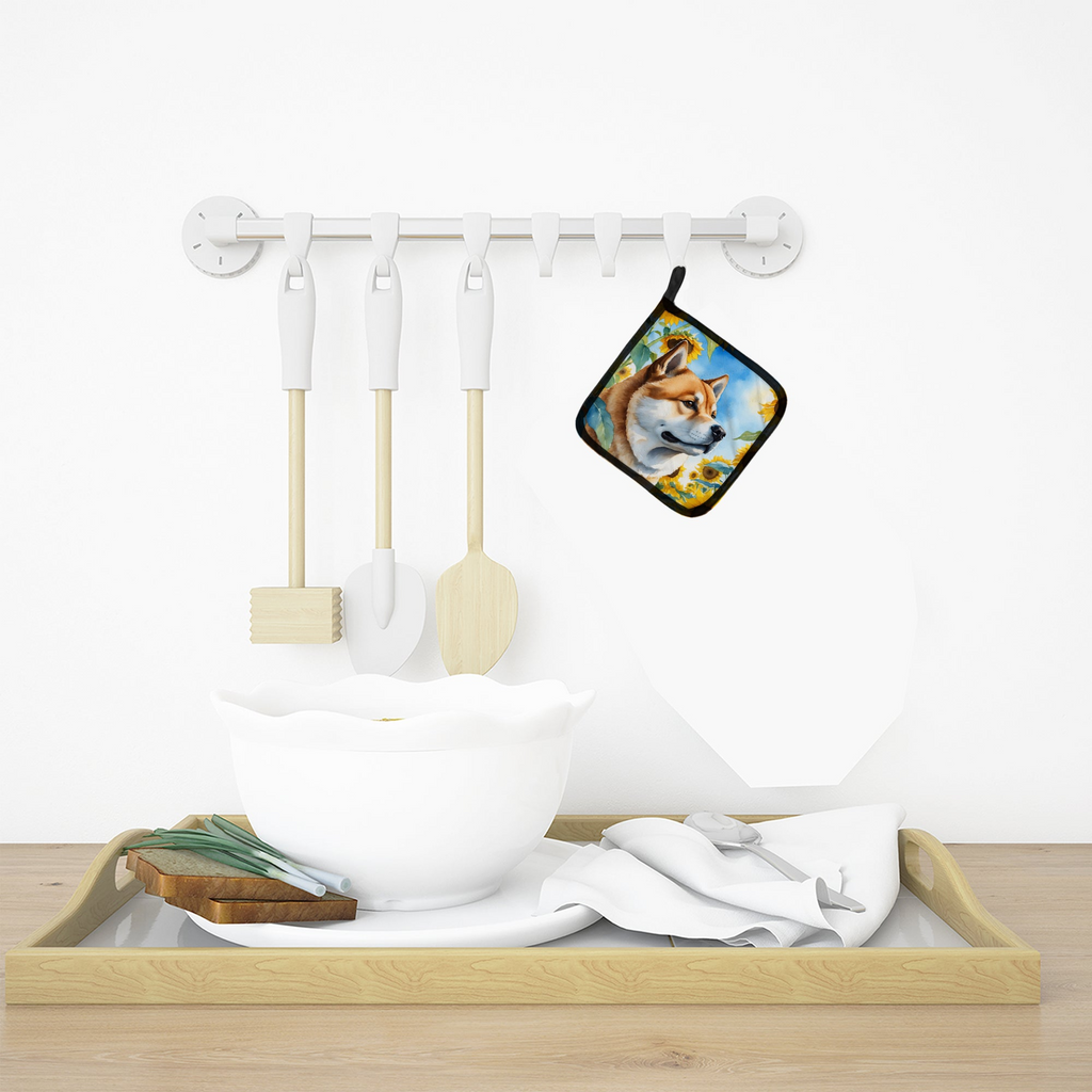 Glamorous Pups : Akita in Sunflowers Pair of Pot Holders