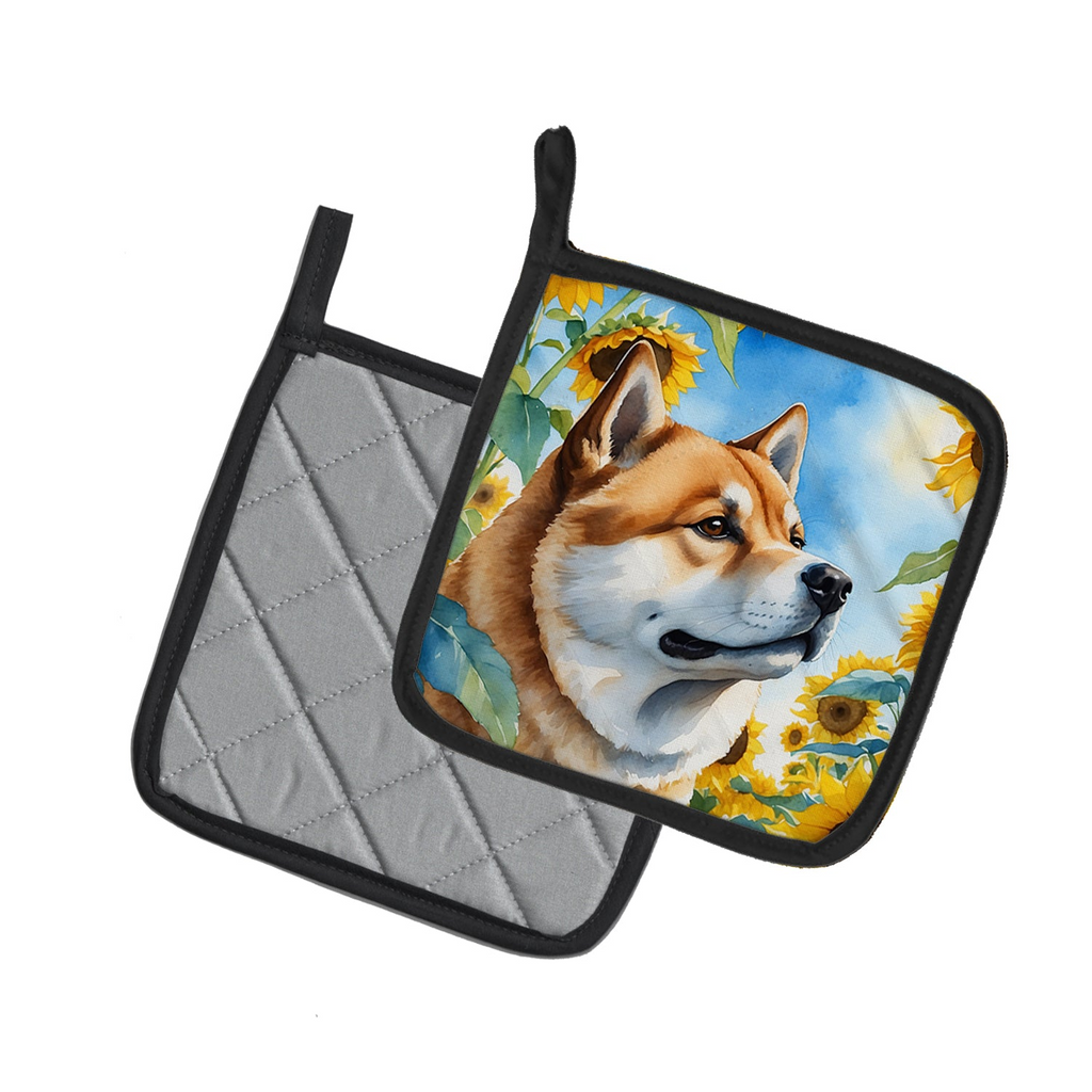 Glamorous Pups : Akita in Sunflowers Pair of Pot Holders