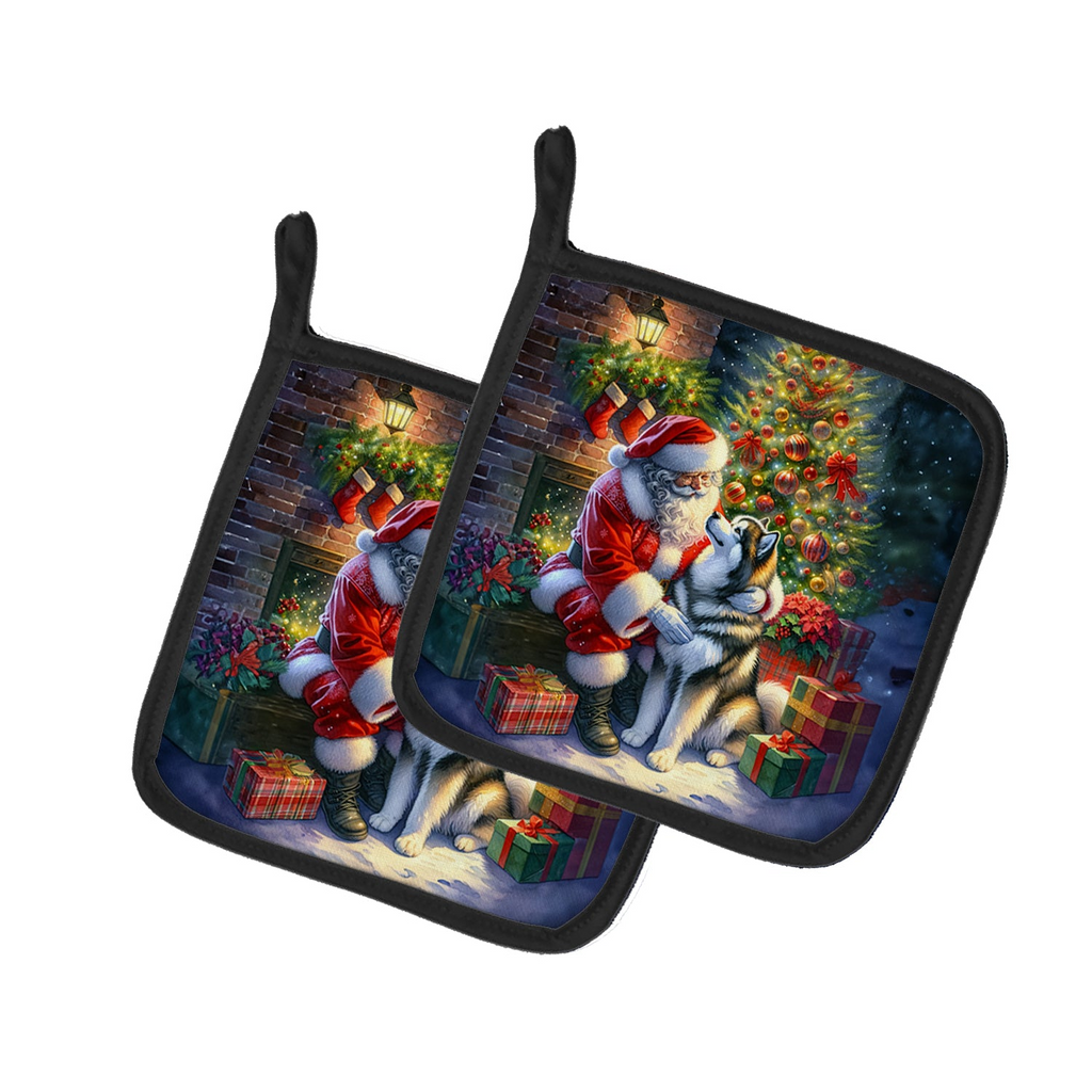 Glamorous Pups : Alaskan Malamute and Santa Claus Pair of Pot Holders