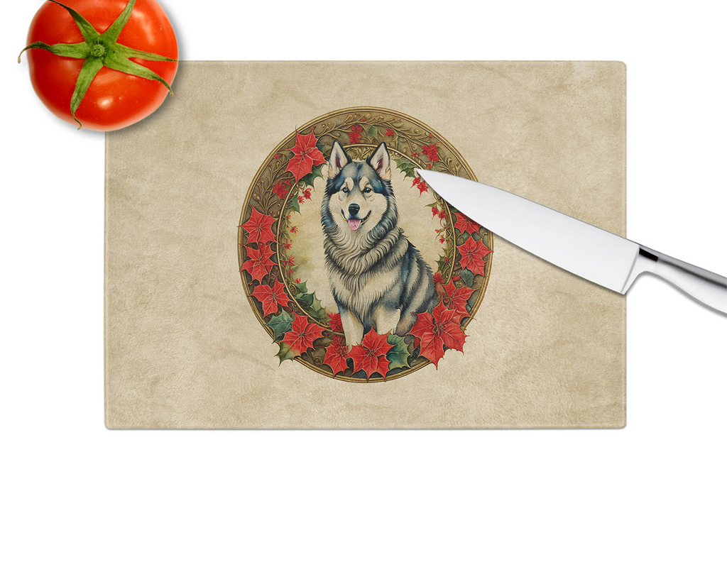 Glamorous Pups : Alaskan Malamute Christmas Flowers Glass Cutting Board