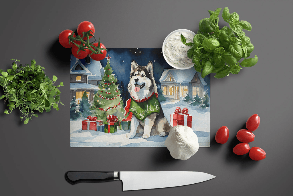 Glamorous Pups : Alaskan Malamute Cozy Christmas Glass Cutting Board