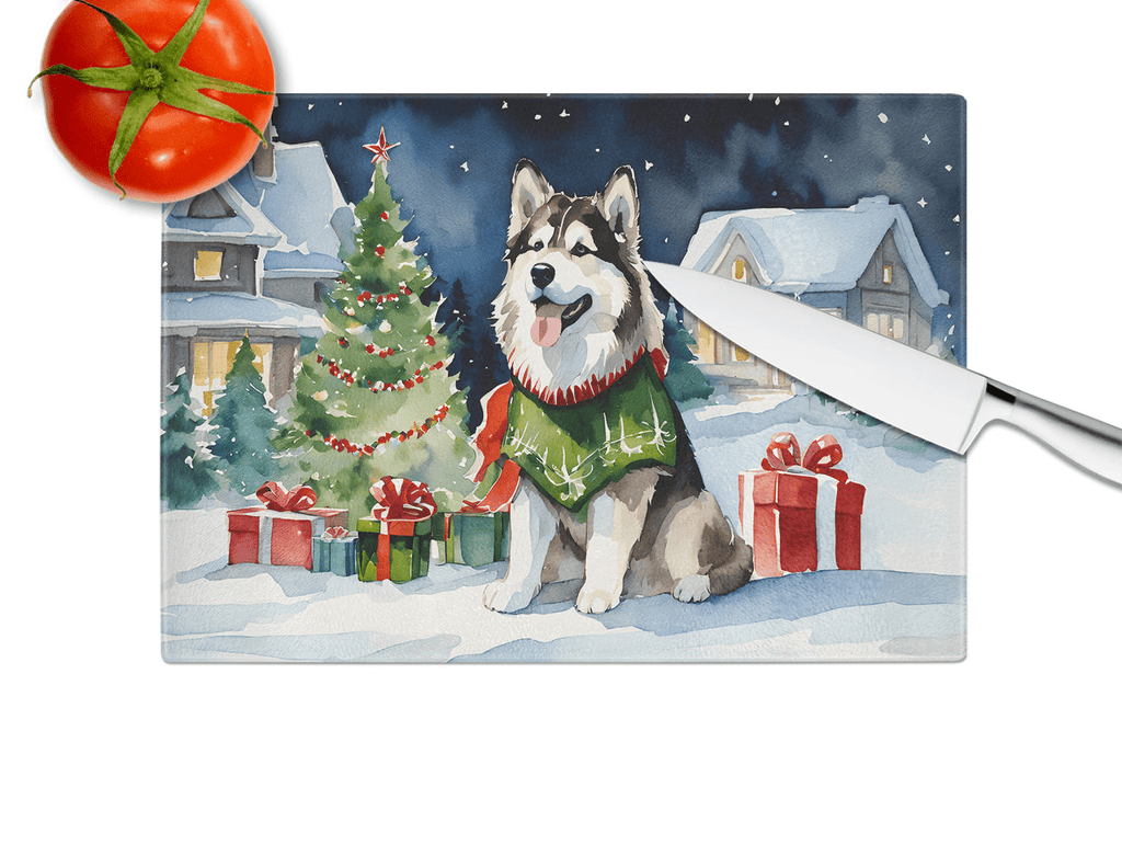 Glamorous Pups : Alaskan Malamute Cozy Christmas Glass Cutting Board