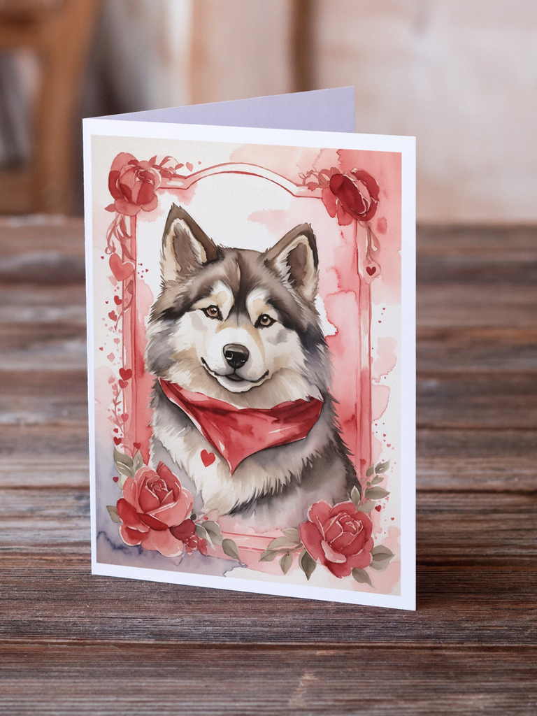 Glamorous Pups : Alaskan Malamute Valentine Roses Greeting Cards Pack of 8