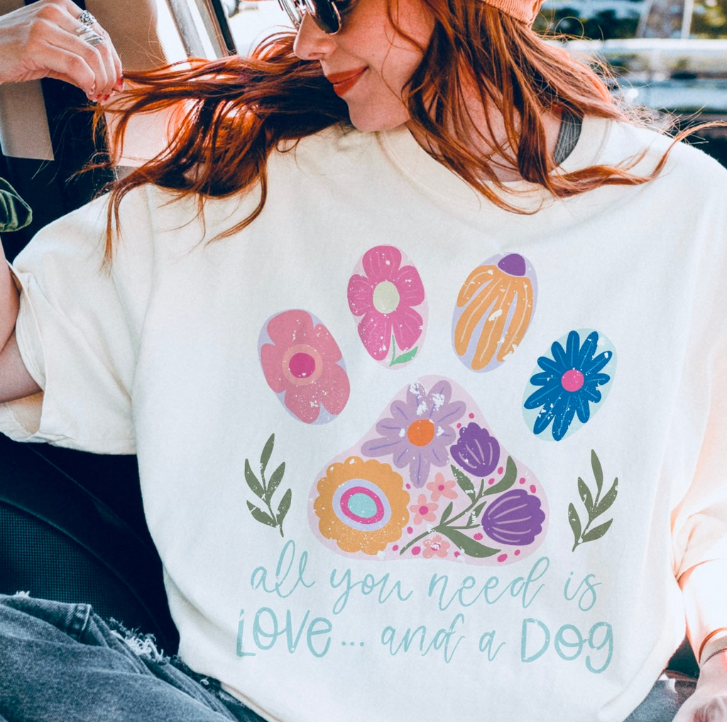 Glamorous Pups : All You Need Is Love And A Dog Comfort Colors® T-Shirt – Soft, Vintage-Washed & Perfect for Dog Lovers