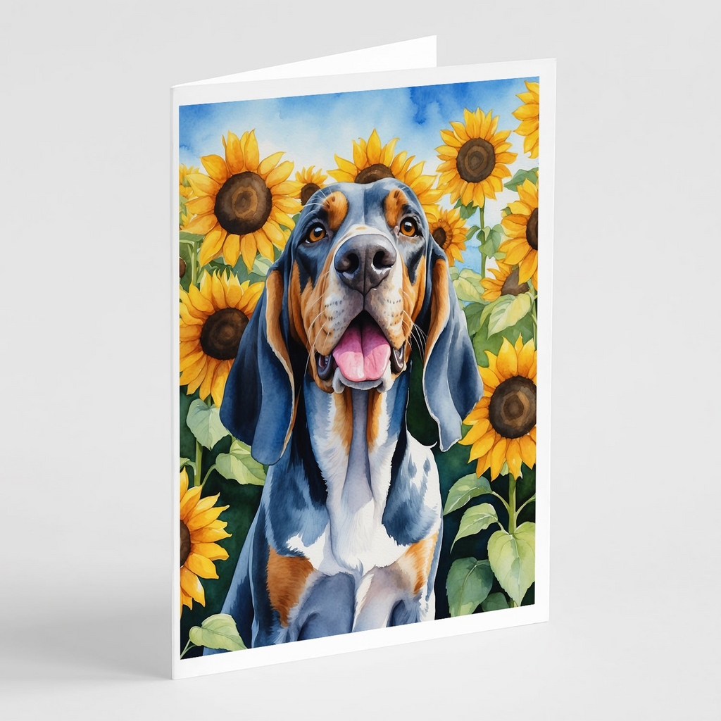 Glamorous Pups : American English Coonhound in Sunflowers Greeting Cards Pack of 8