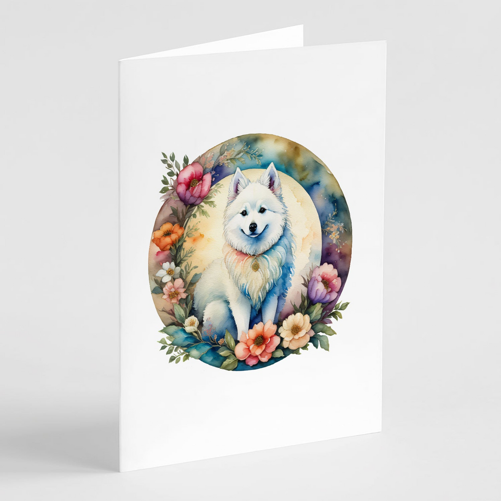 Glamorous Pups : American Eskimo and Flowers Greeting Cards Pack of 8