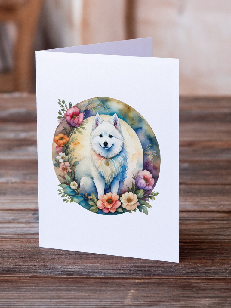 Glamorous Pups : American Eskimo and Flowers Greeting Cards Pack of 8