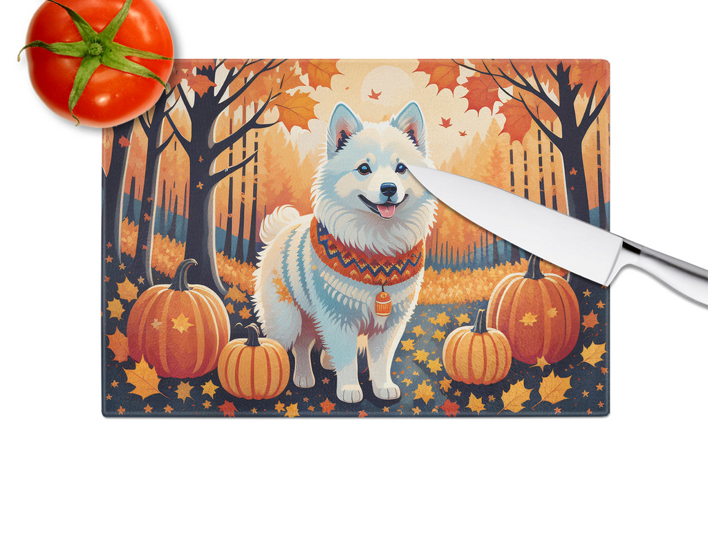 Glamorous Pups : American Eskimo Fall Glass Cutting Board