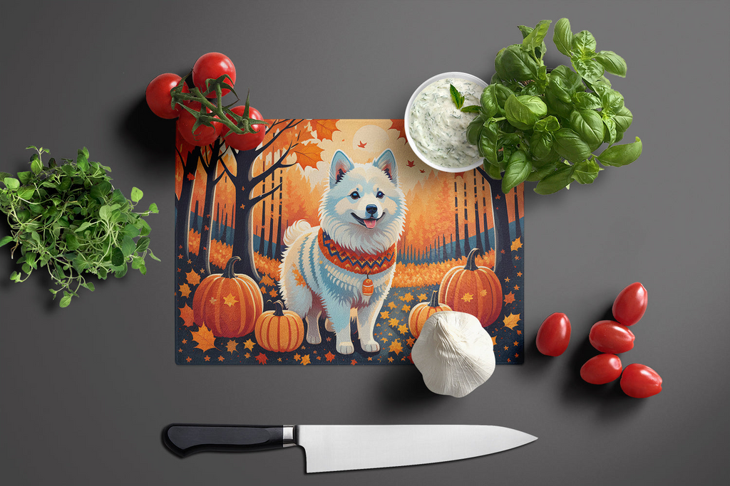 Glamorous Pups : American Eskimo Fall Glass Cutting Board