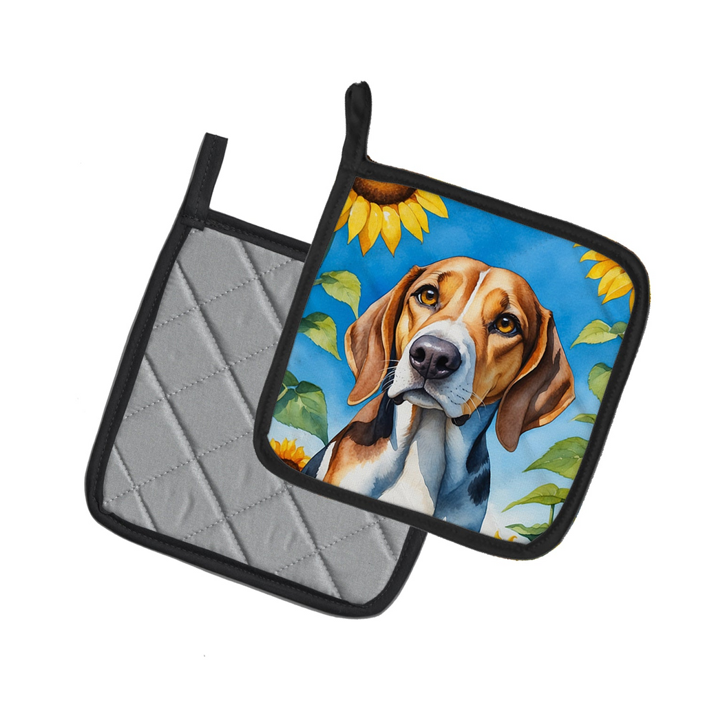 Glamorous Pups : American Foxhound in Sunflowers Pair of Pot Holders