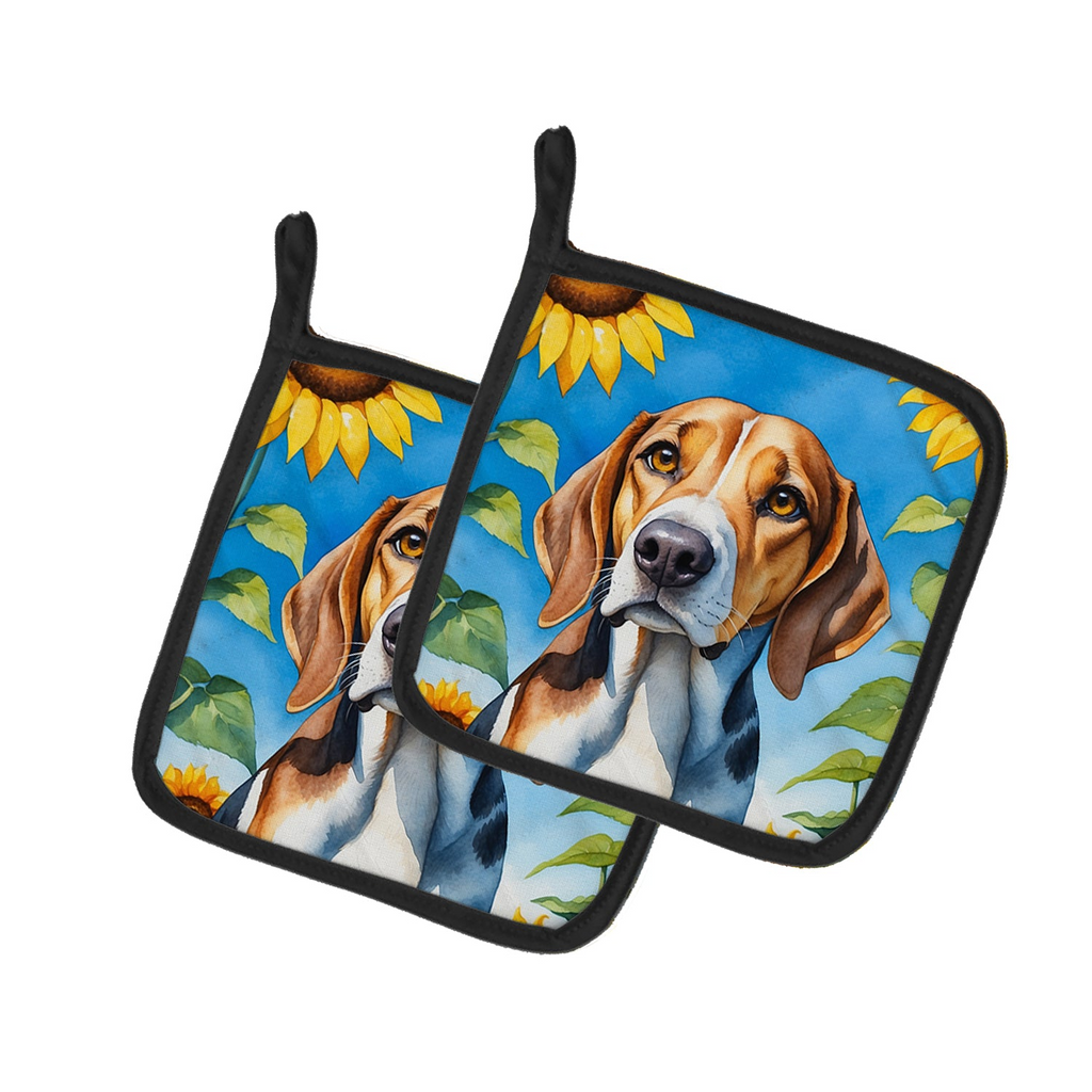 Glamorous Pups : American Foxhound in Sunflowers Pair of Pot Holders