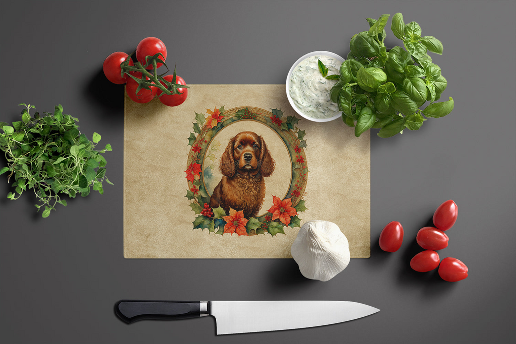 Glamorous Pups : American Water Spaniel Christmas Flowers Glass Cutting Board