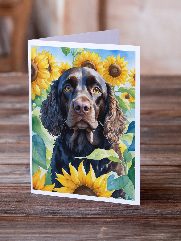 Glamorous Pups : American Water Spaniel in Sunflowers Greeting Cards Pack of 8