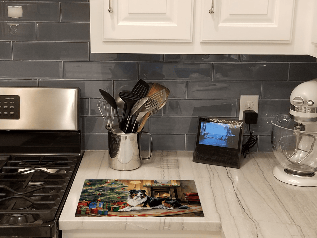 Glamorous Pups : Australian Shepherd Cozy Christmas Glass Cutting Board