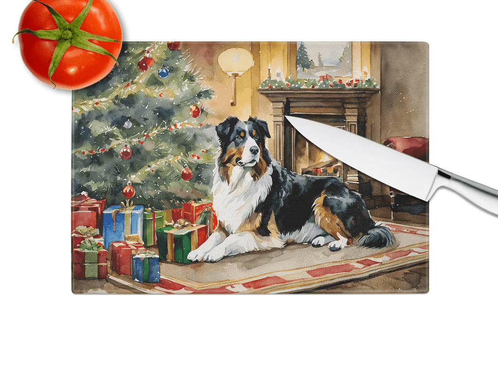 Glamorous Pups : Australian Shepherd Cozy Christmas Glass Cutting Board