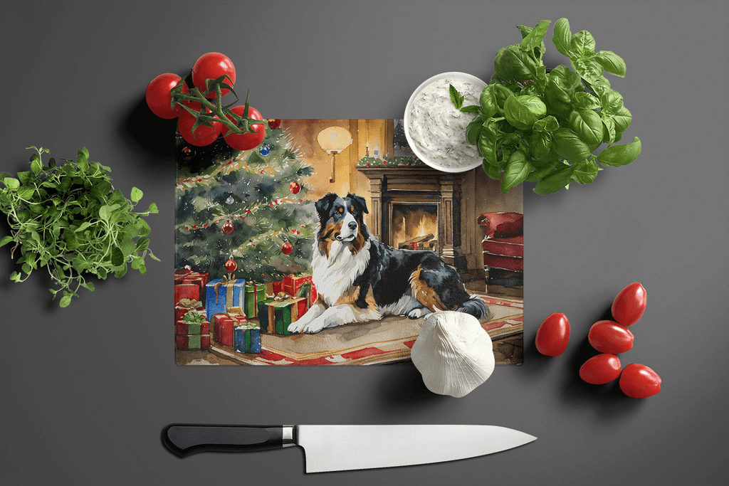 Glamorous Pups : Australian Shepherd Cozy Christmas Glass Cutting Board
