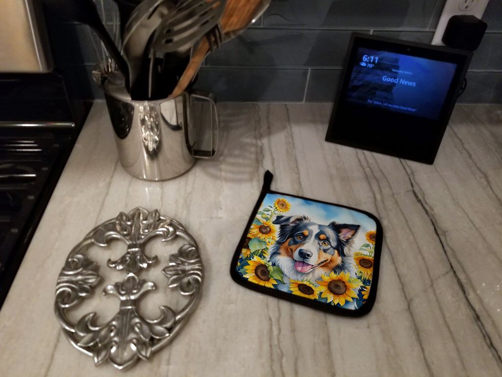Glamorous Pups : Australian Shepherd in Sunflowers Pair of Pot Holders