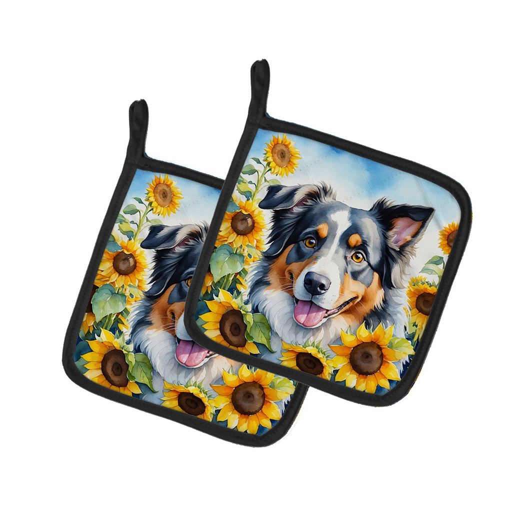 Glamorous Pups : Australian Shepherd in Sunflowers Pair of Pot Holders