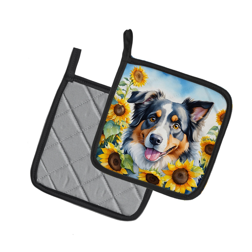 Glamorous Pups : Australian Shepherd in Sunflowers Pair of Pot Holders