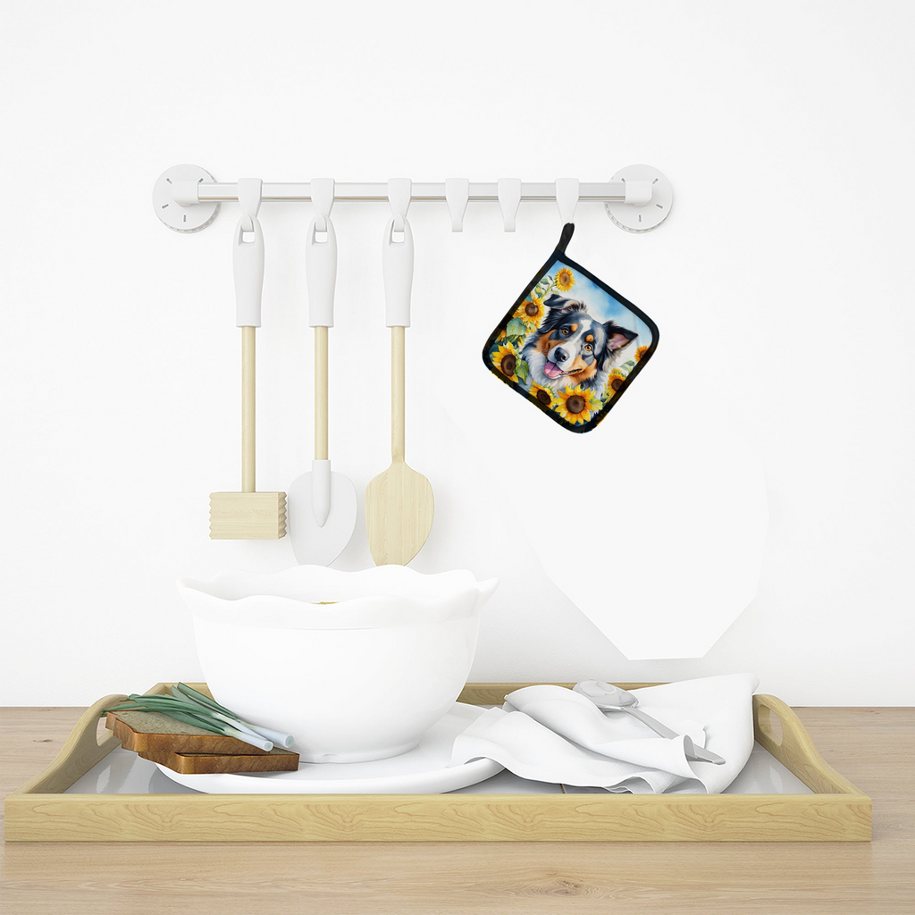 Glamorous Pups : Australian Shepherd in Sunflowers Pair of Pot Holders