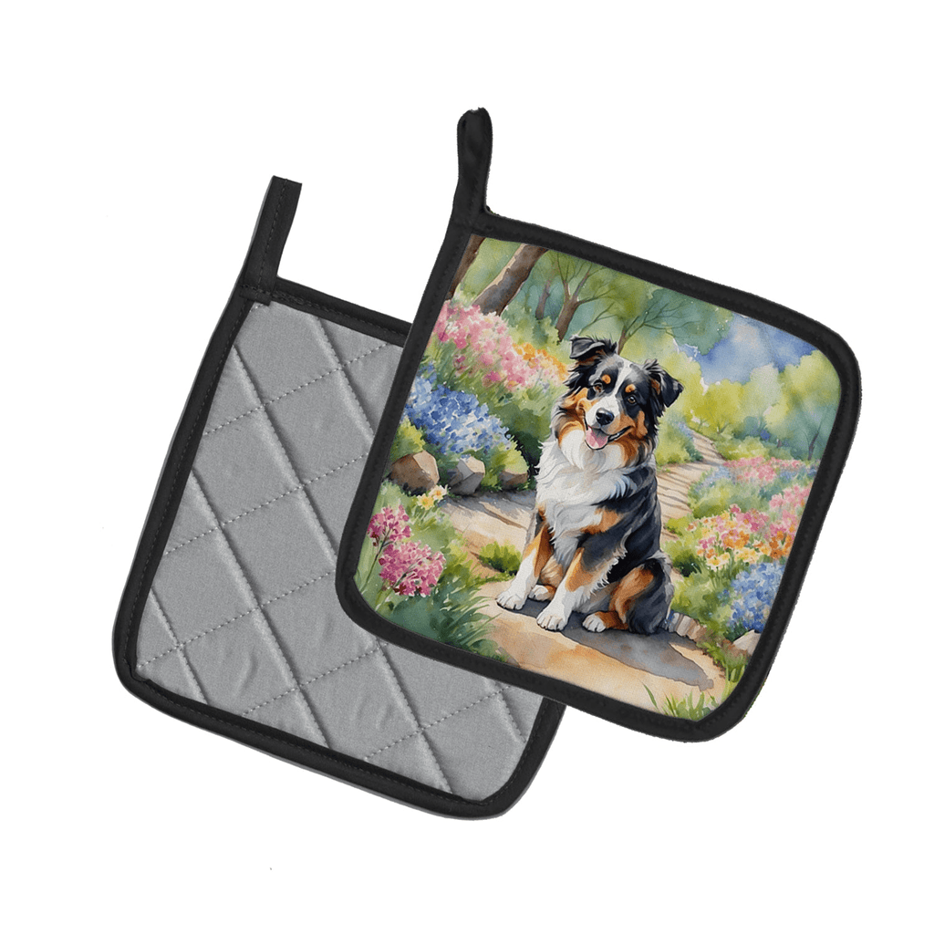 Glamorous Pups : Australian Shepherd Spring Garden Pair of Pot Holders
