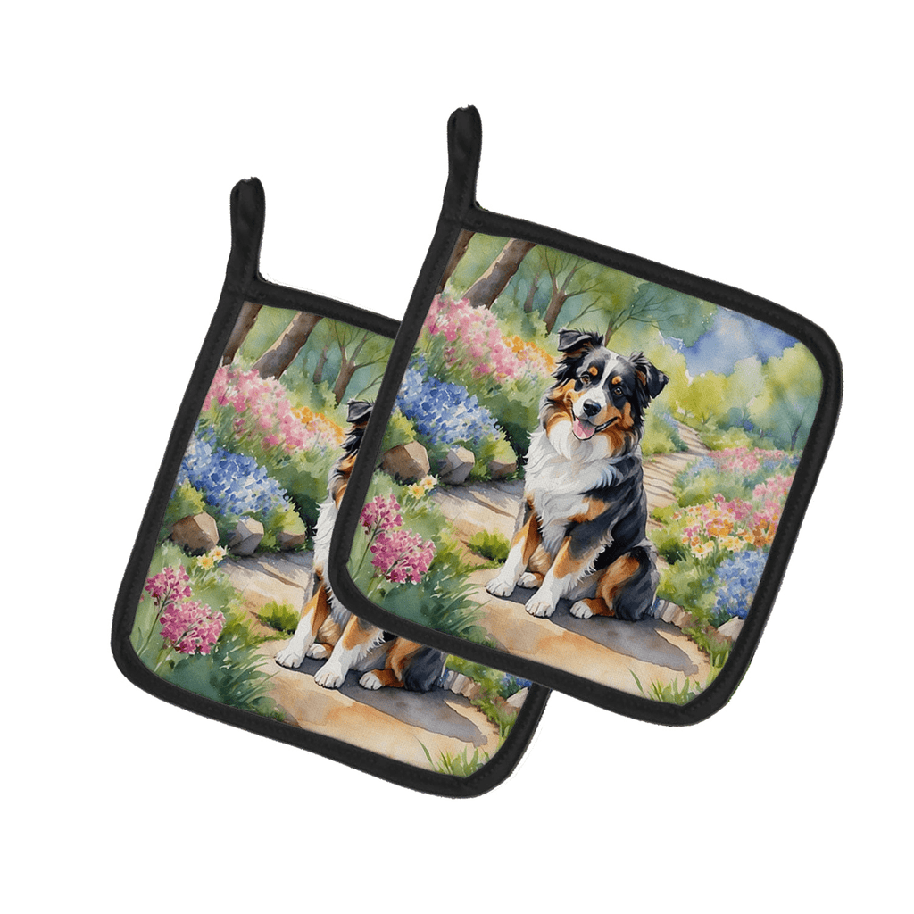 Glamorous Pups : Australian Shepherd Spring Garden Pair of Pot Holders