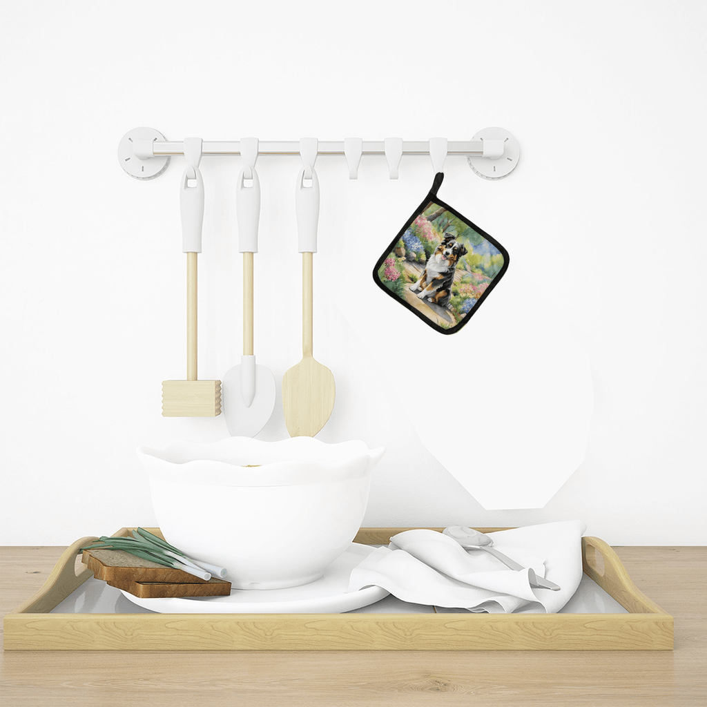 Glamorous Pups : Australian Shepherd Spring Garden Pair of Pot Holders