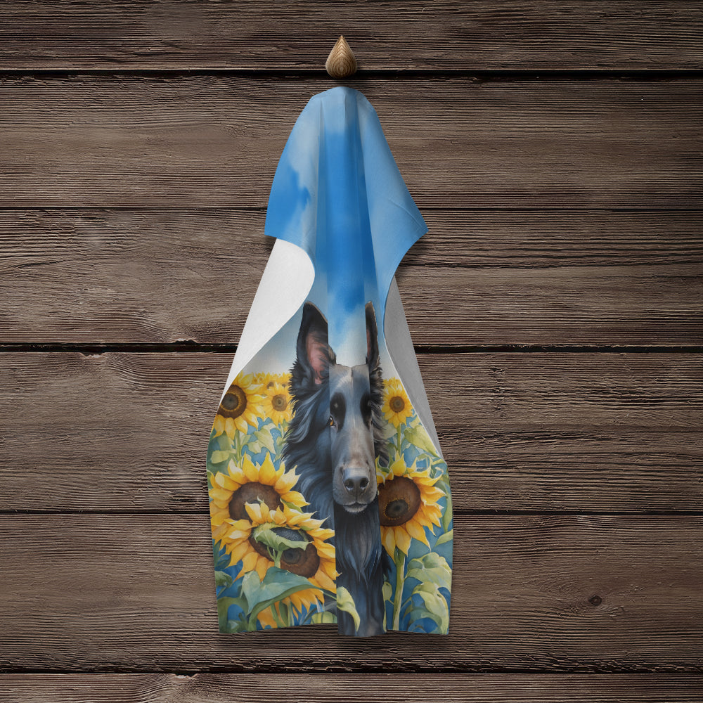 Glamorous Pups : Belgian Sheepdog in Sunflowers Kitchen Towel