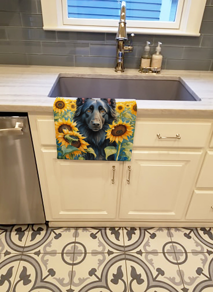 Glamorous Pups : Belgian Sheepdog in Sunflowers Kitchen Towel