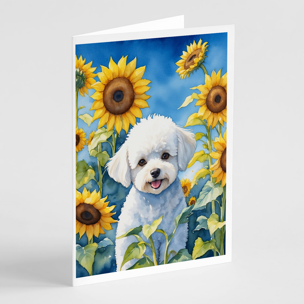 Glamorous Pups : Bichon Frise in Sunflowers Greeting Cards Pack of 8