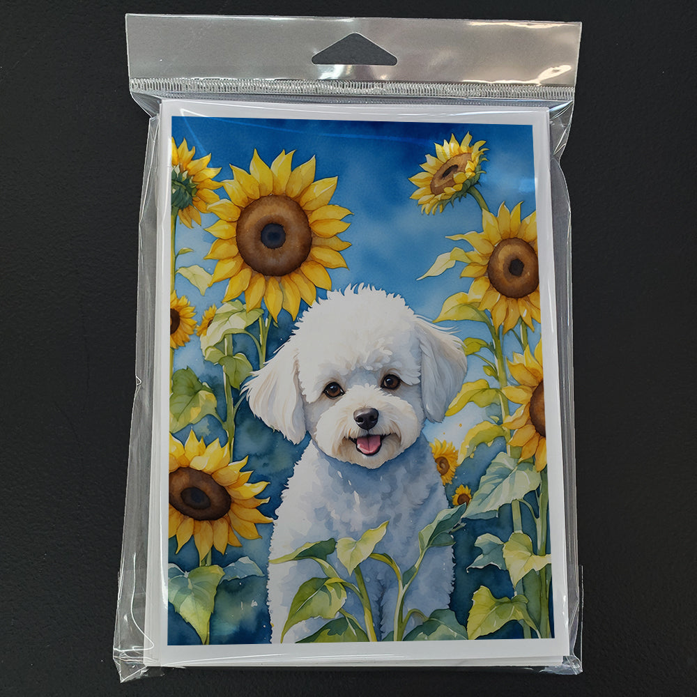 Glamorous Pups : Bichon Frise in Sunflowers Greeting Cards Pack of 8