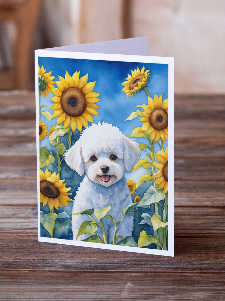 Glamorous Pups : Bichon Frise in Sunflowers Greeting Cards Pack of 8