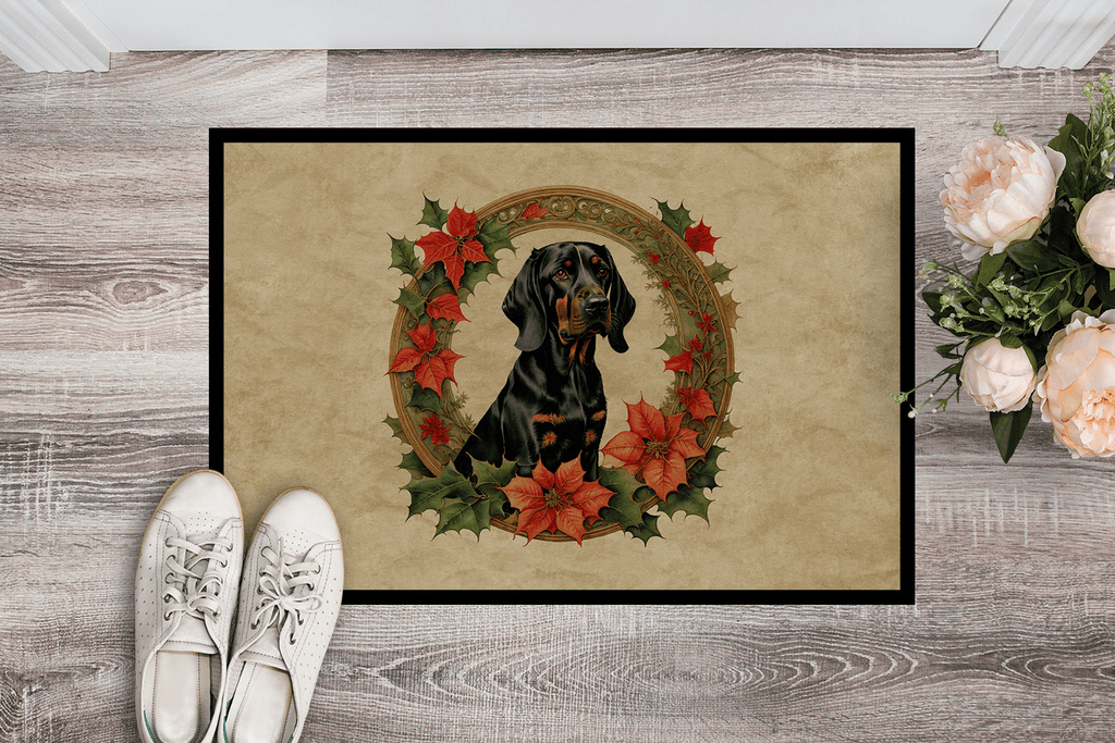 Glamorous Pups : Black and Tan Coonhound Christmas Flowers Doormat