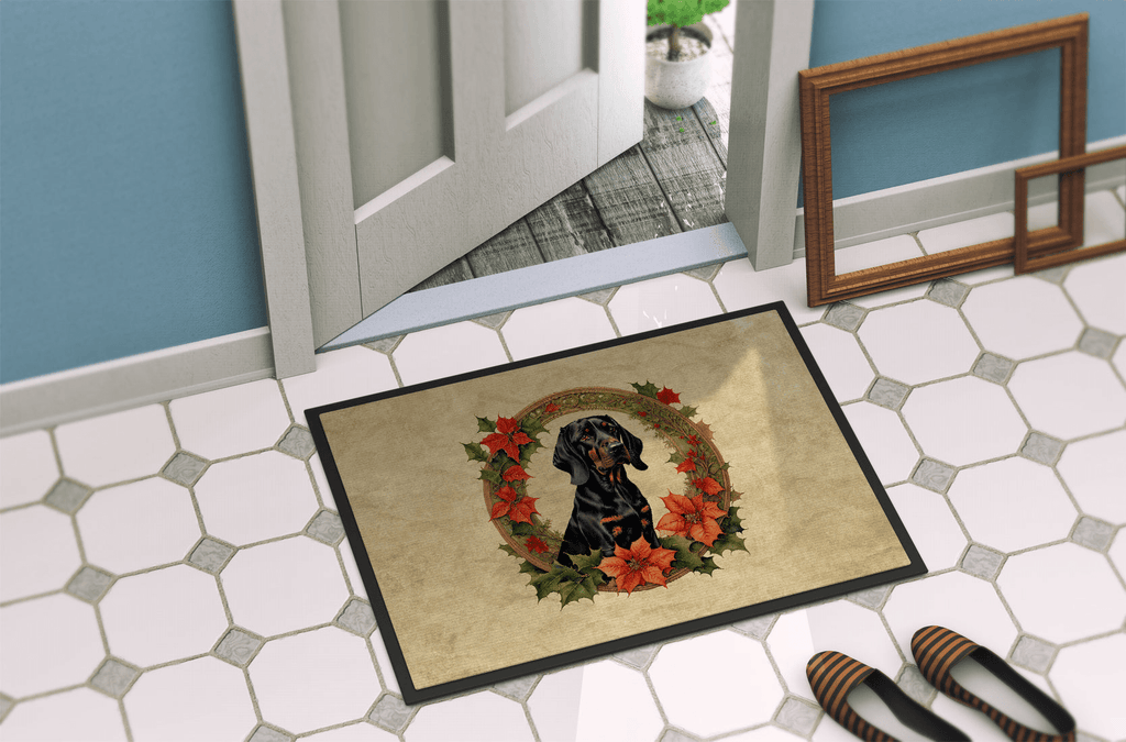 Glamorous Pups : Black and Tan Coonhound Christmas Flowers Doormat